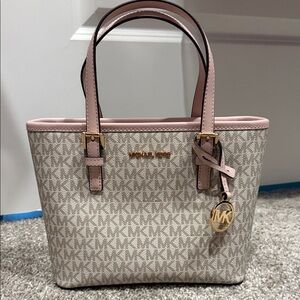 Michael Kors Beige Signature Tote with Pink Trim